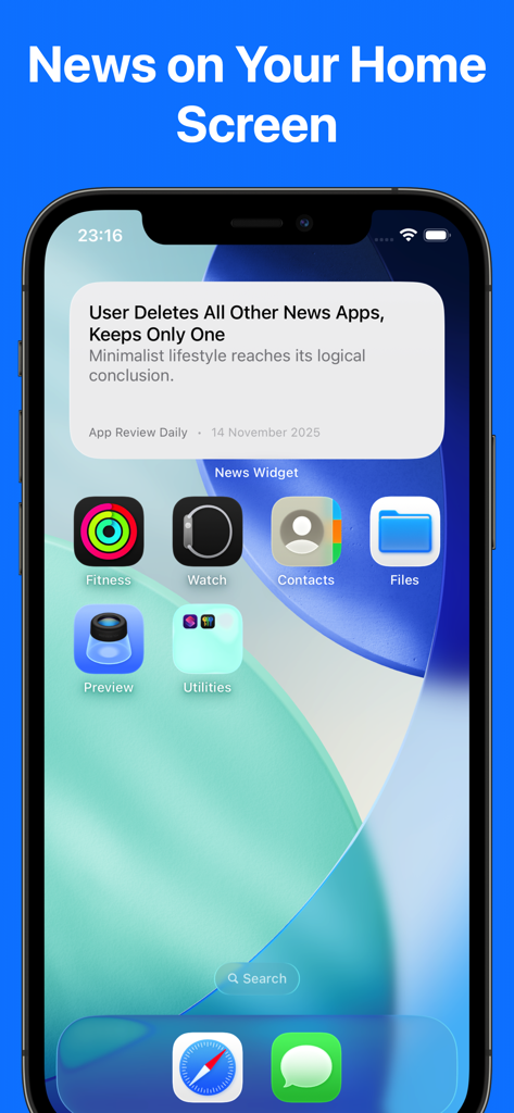 Tela inicial do iPhone exibindo o News Widget com uma manchete sobre o uso de um aplicativo de notícias minimalista
