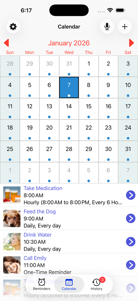 Vista de calendario mensual en la aplicación Aida Reminder que muestra una lista de tareas diarias, incluidos recordatorios de medicación y cuidado de mascotas.
