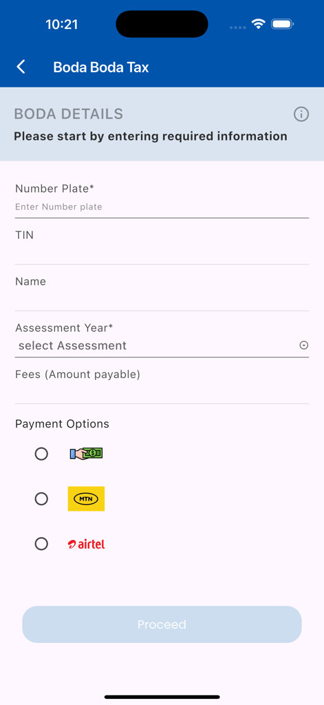 AskUra - AskUra app screen for entering Boda Boda vehicle details and selecting payment options like MTN or Airtel.