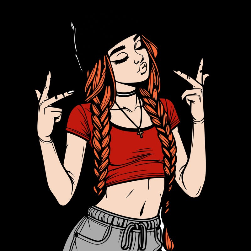 realistic teenage girl with braids and a beanie and crop top doing 🫶🏼