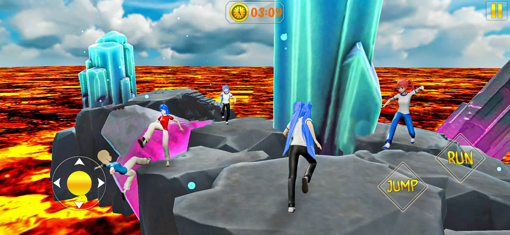 Anime Parkour lava Jump Game - Anime characters performing parkour on rocks above a field of lava