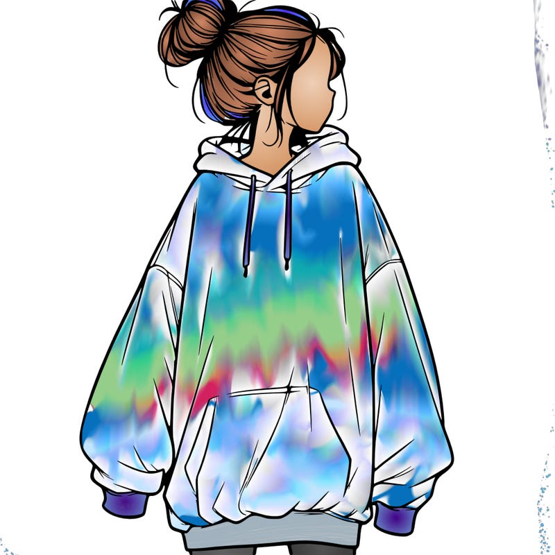 realistic girl with a oversized sweatshirt on and a bun