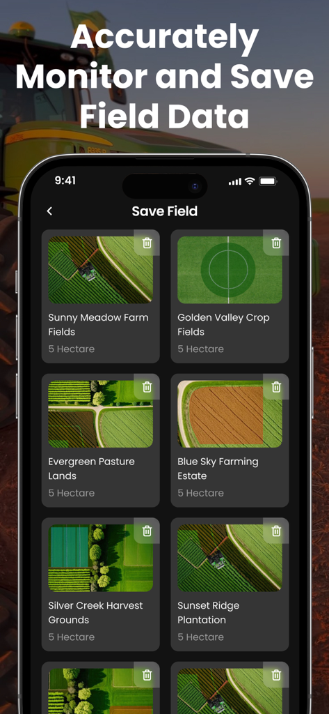 Oberfläche der Farm Sprayer GPS App mit einer Liste gespeicherter Felder mit Luftbildkartierung