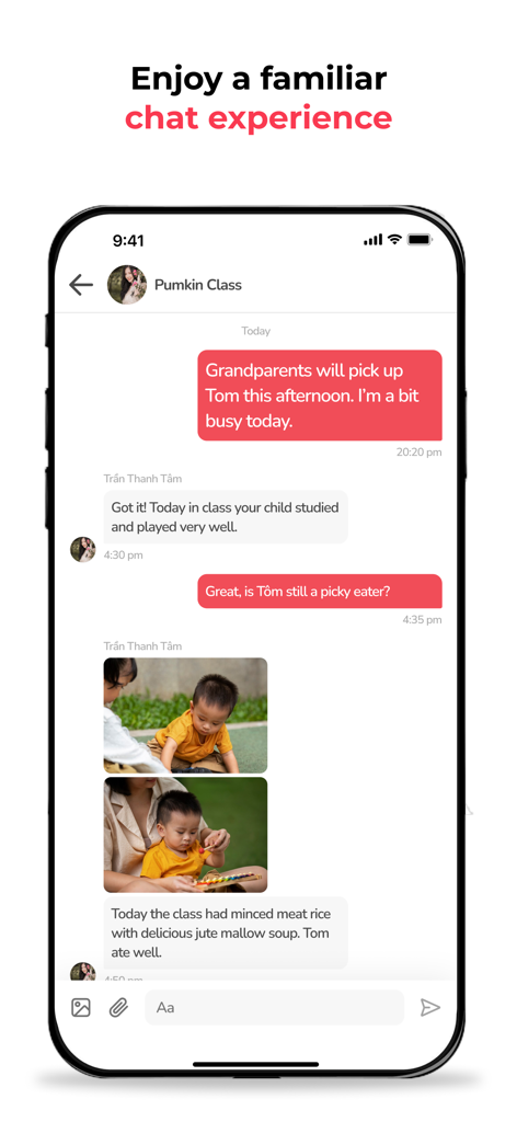 Monkey Class - Interfaz de chat en la aplicación Monkey Class mostrando mensajes y fotos compartidas entre un padre y un profesor.