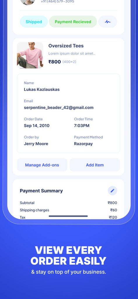 Mobile app interface showing order details customer information and payment summary in the Vepaar Store app