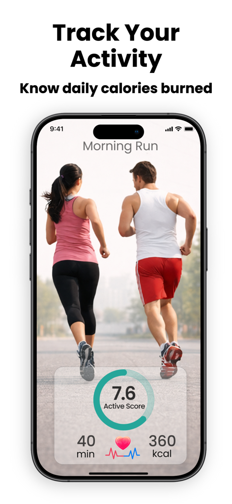 caKao AI - Calories & Fitness - iPhone-Bildschirm mit der caKao AI App, die einen morgendlichen Lauf mit Metriken für aktive Punkte, Dauer und verbrannte Kalorien verfolgt.