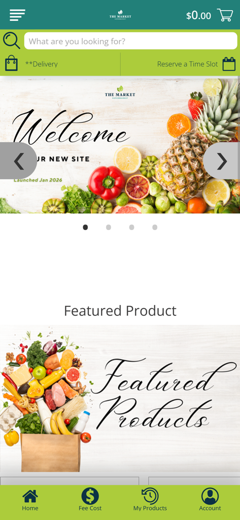 The Market Supermarketモバイルアプリのホーム画面。食料品の配達と注目の商品が表示されています。