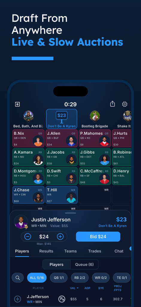 League Tycoon app interface showing a live fantasy football auction draft with real-time bidding on NFL players.