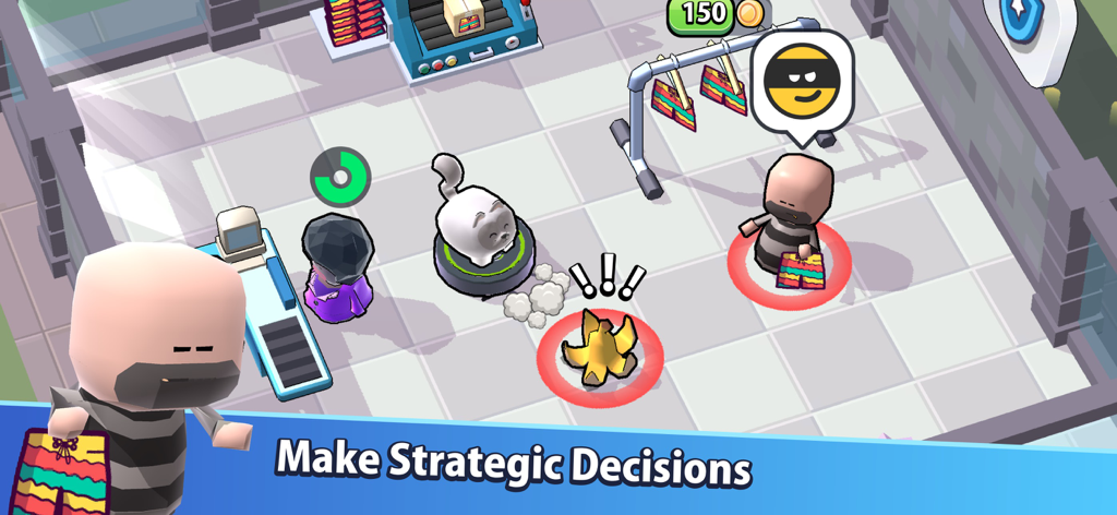 Mega Store: Supermarket Game - A character dressed as a robber stealing items in the Mega Store Supermarket Game with a banana peel trap on the floor.