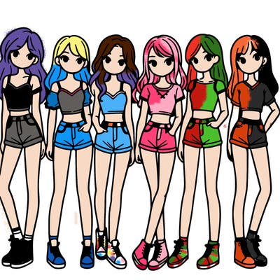 a group of girls wearing crop tops and shorts