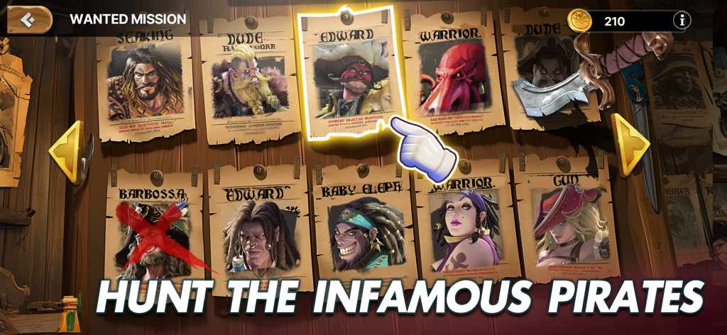 Lord of Seas game screenshot showing a wanted mission board to hunt infamous pirates.