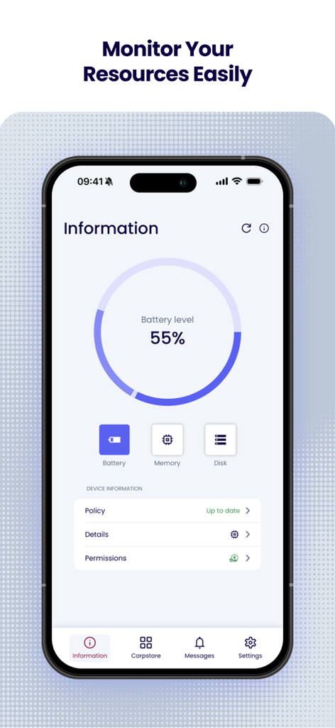 Essentials MDM - Essentials MDM app interface showing device battery level and system resource monitoring