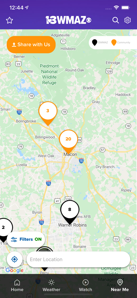 Visualização de mapa no aplicativo 13WMAZ mostrando notícias locais em Macon e Warner Robins, Geórgia.