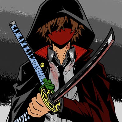 mysterious and cool anime guy holding a sword