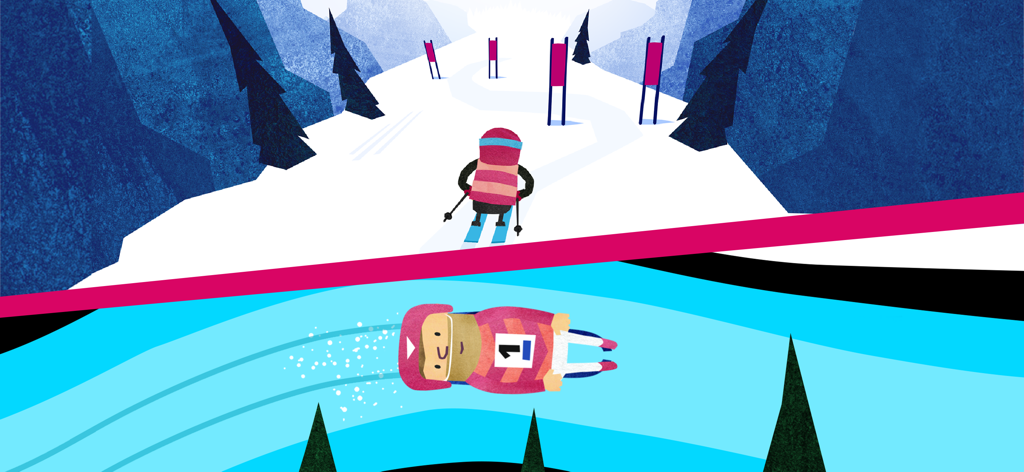 Split screen view of Fiete character skiing down a mountain and racing on a luge in the snow