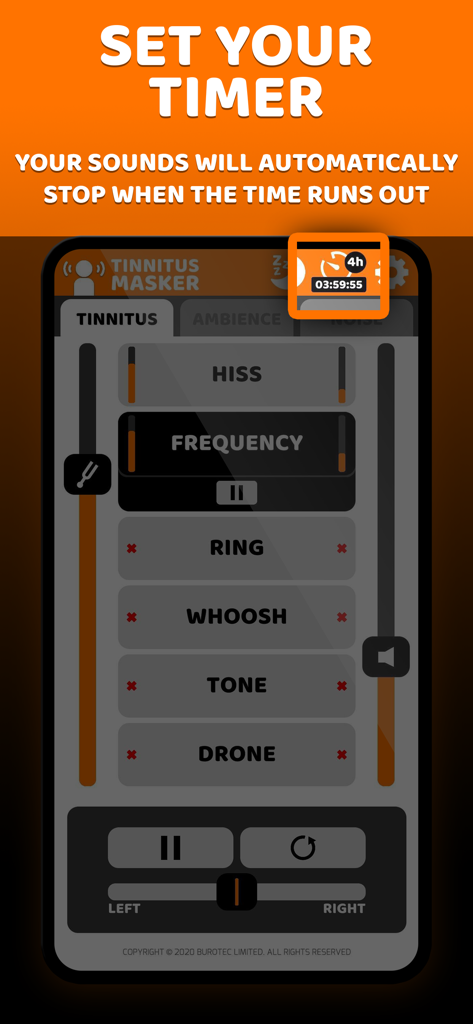 Tinnitus Relief app interface featuring a sleep timer and sound frequency controls.