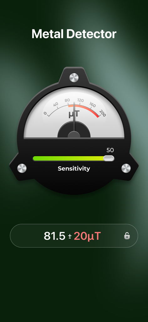 Metal detector interface with magnetic field gauge and sensitivity slider.
