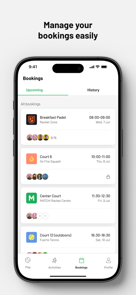 MATCHi - Smartphone screen showing upcoming court bookings for padel and tennis on the MATCHi app.