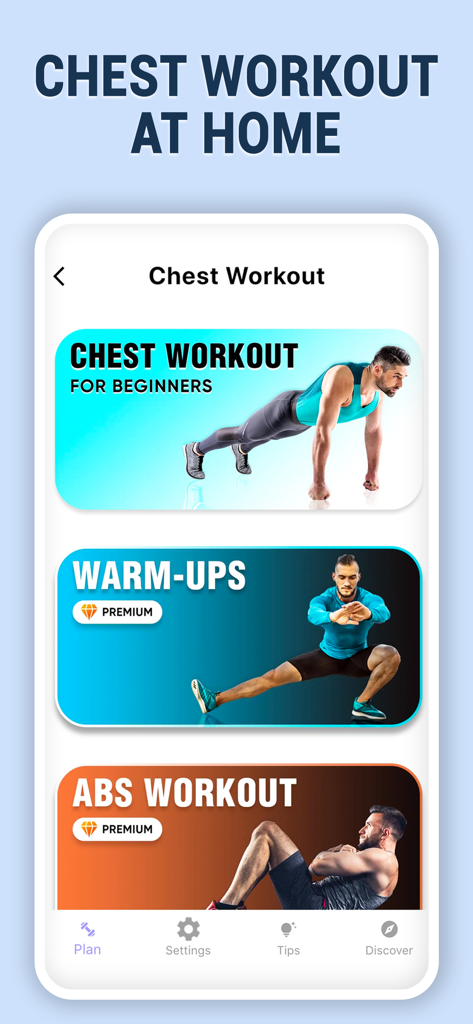 Chest Workout for Men at Home - Pantalla de una aplicación móvil que muestra opciones de calentamiento para la rutina de pecho y ejercicios abdominales para el fitness en casa