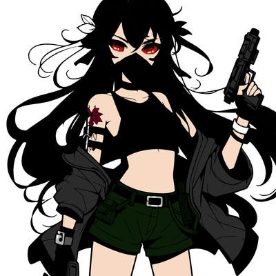bad girl wearing crop top holding a gun long hair anime