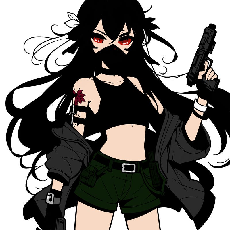 bad girl wearing crop top holding a gun long hair anime