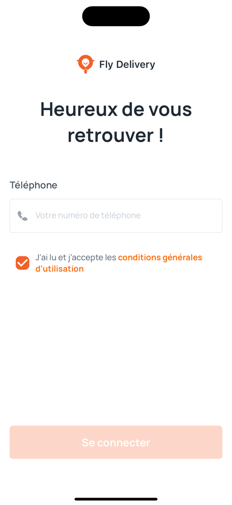 Fly Delivery - Login screen of the Fly Delivery app with a phone number entry field and a sign in button