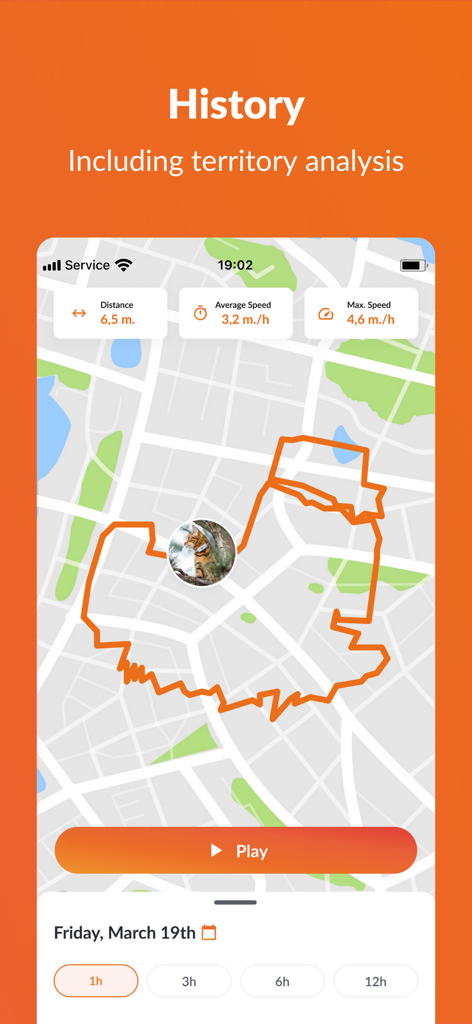 Weenect® - GPS - 地図上にペットの移動経路とテリトリー分析を示すWeenectアプリの履歴画面。