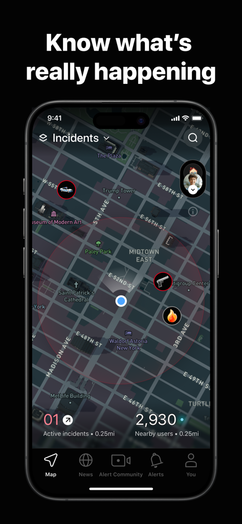 Citizen app interface displaying a real-time incident map in New York City with active safety alerts