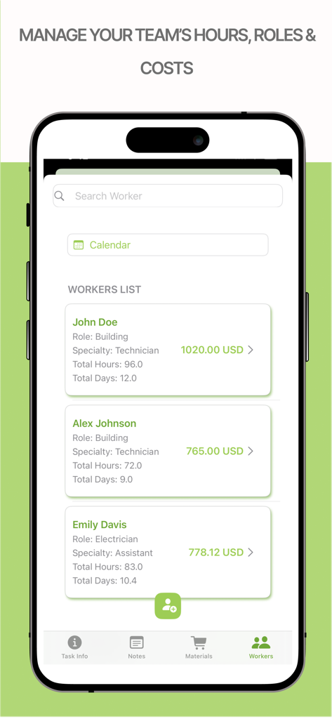PlanoTrak - Construction App - Pantalla de la aplicación PlanoTrak para gestionar los costes de mano de obra, roles y horas del equipo