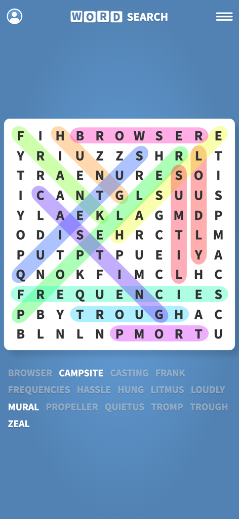 Word Search Puzzles ·· - A minimalist word search puzzle grid with colorful highlights on found words and a list of vocabulary at the bottom