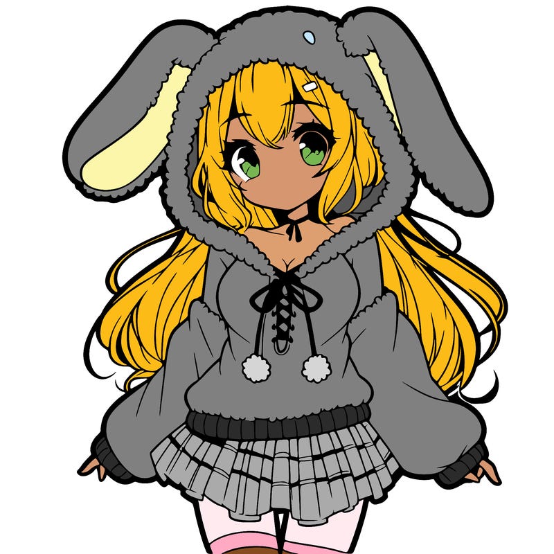 pretty anime girl wearing a fluffy hoodie with bunny ears on the hood and a skirt