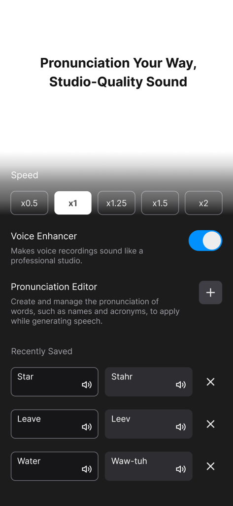 Genny TTS app interface showing voice speed controls and a pronunciation editor with phonetic script examples