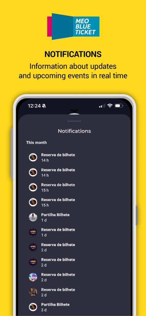 MEO BLUETICKET - MEO BLUETICKET app notification screen displaying ticket reservations and sharing updates