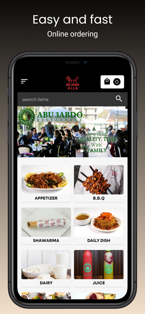 Abu 3abdo - Abu 3abdo mobile app screen showing menu categories like shawarma and bbq for online food ordering.