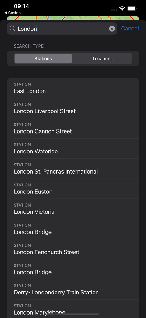 Search interface of the Railways Map app displaying a list of train stations in London