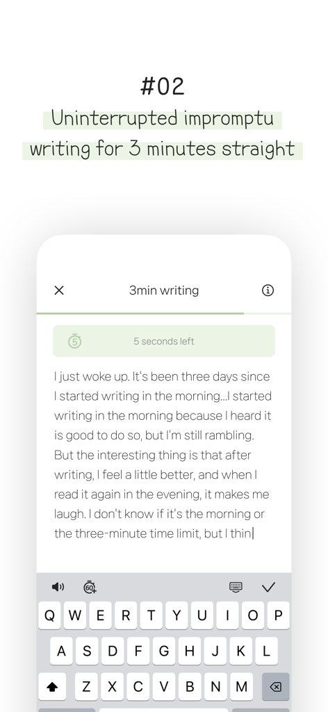 Cherish - diary with 7 formats - User interface of Cherish app showing a three minute writing session with a timer and keyboard