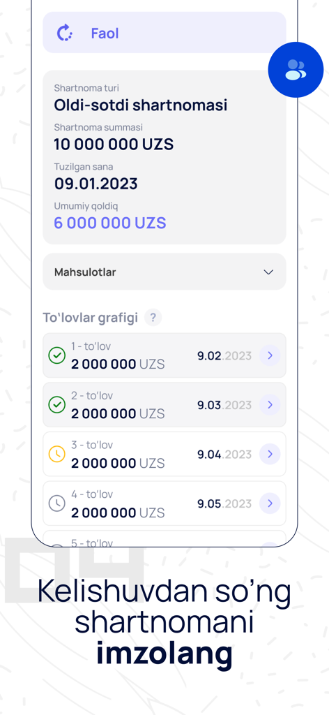 Hesap - Screenshot mobile dell'app Hesap che mostra i dettagli del contratto di vendita e un elenco dei pagamenti previsti in valuta uzbeka