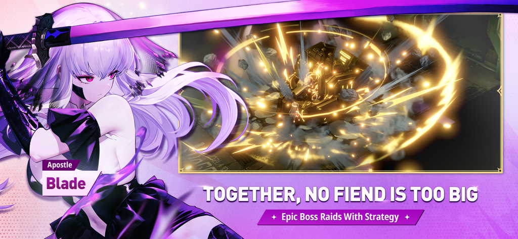 Le personnage anime Blade de BrownDust2 à côté d'un écran de jeu de raid de boss stratégique