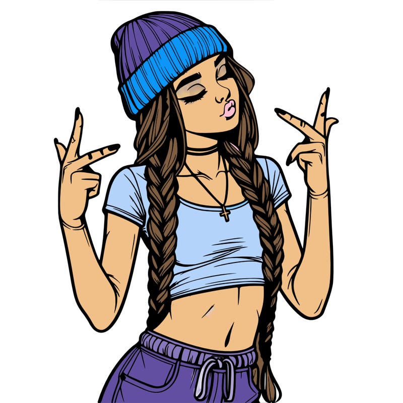realistic teenage girl with braids and a beanie and crop top doing 🫶🏼