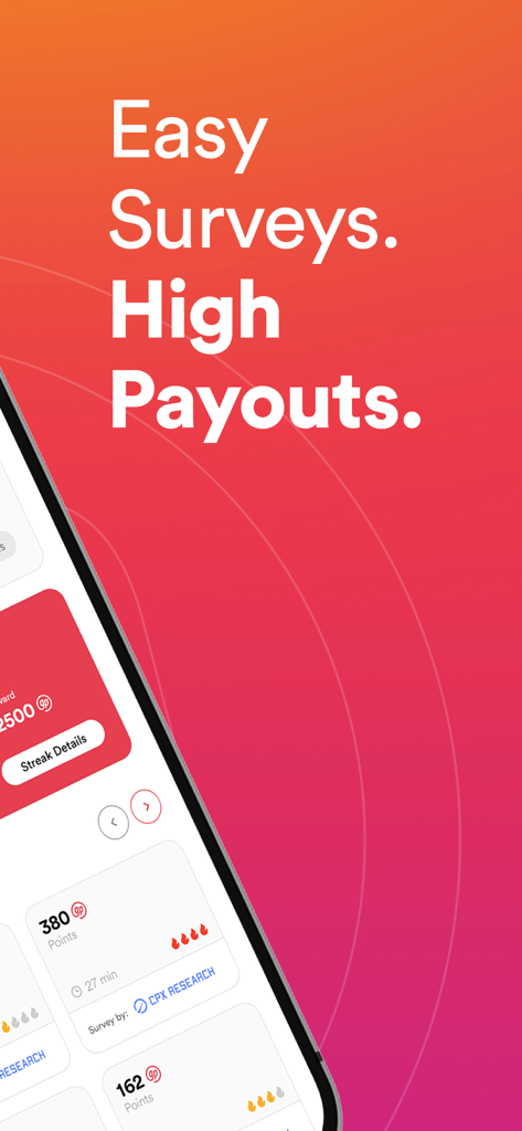 GrabPoints - GrabPoints mobile app interface showing available surveys and earning potential with the headline Easy Surveys High Payouts
