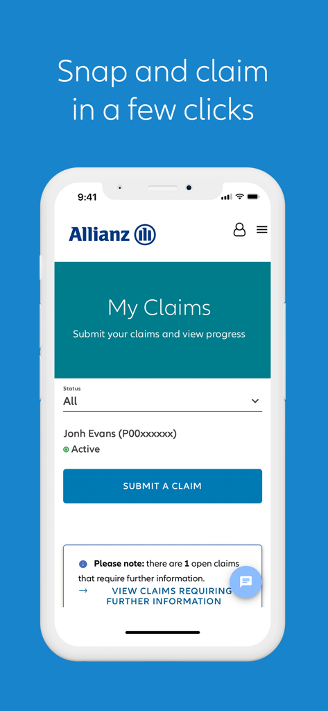 Allianz MyHealth app interface for submitting and managing medical insurance claims.