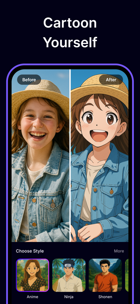 Cartoony: Cartoon Photo Editor - Una pantalla dividida que muestra una foto real de una chica y su transformación estilo anime usando la aplicación Cartoony.