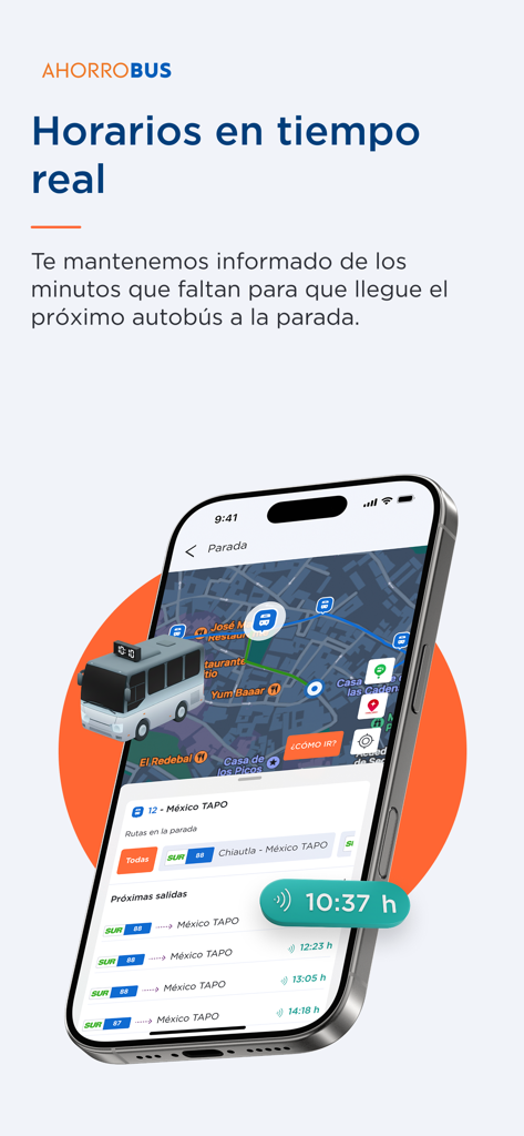 AHORROBUS - AHORROBUS app interface displaying real-time bus arrival times and a live tracking map