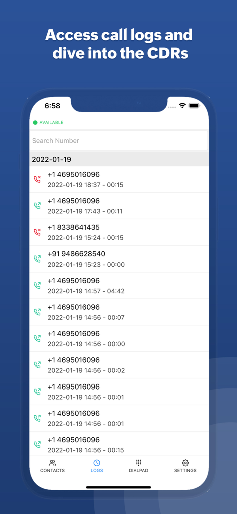 ZDialer by Zoho Voice - ZDialer app interface showing a list of business call logs with phone numbers and durations