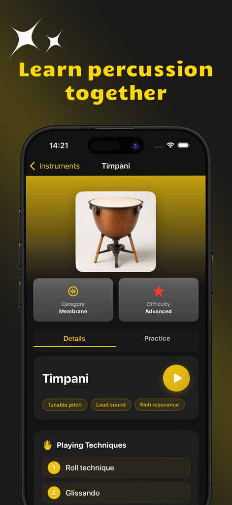 Interface of the Dark app showing Timpani instrument details and playing techniques