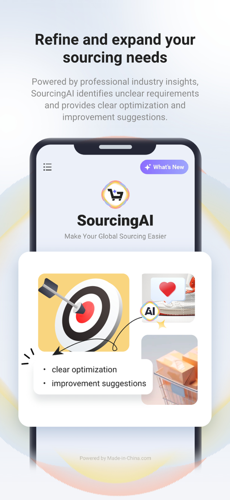 Interfaz de la aplicación móvil SourcingAI para optimizar y refinar las necesidades de abastecimiento global con IA