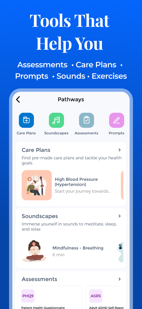 Tracker, Reminder - CareClinic - A screenshot of the CareClinic app showing various health pathways including care plans, soundscapes for meditation, and medical assessments.
