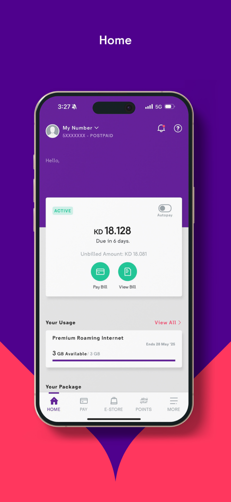 my stc KW - The home screen of the my stc KW app on an iPhone showing account balance and roaming data usage.