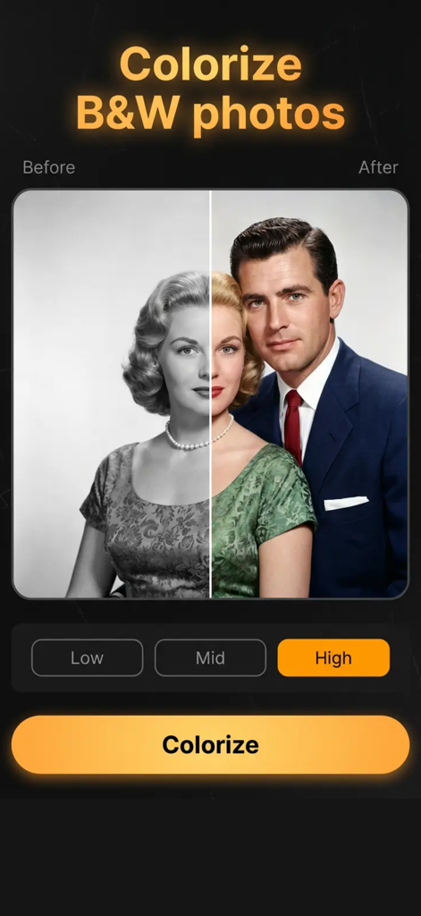 Old photo restore repair : - A split screen showing a vintage black and white photo of a couple being colorized with AI.