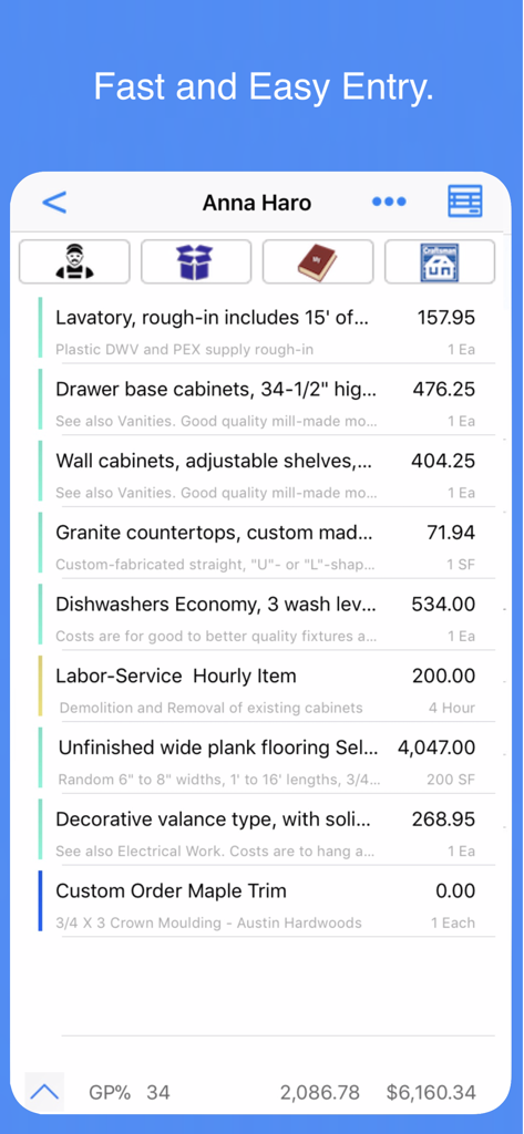 Mobile app screen showing an itemized list of materials and labor for a construction estimate.
